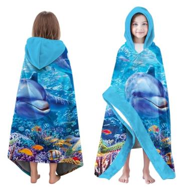 Imagem de Neapth Toalha de praia com capuz golfinho para meninos, 89 cm x 152 cm, toalha de banho poncho infantil de tartarugas e corais para crianças, azul brilhante absorvente macio com capuz para roupão de