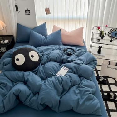 Imagem de XLCZMYL Conjunto de cama minimalista de cor lisa, 3 peças, 1 capa de edredom, 2 fronhas, super macio, respirável, lavável na máquina, não desbota, cor pura, azul, mesmo estilo 1,5 x 2,0 m lençol com