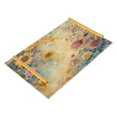 Imagem de Wassud Aquarela flores silvestres bandeja de banheiro joias acrílicas bandejas de perfume com alça de maquiagem bandeja de cômoda quarto cozinha balcão mesa, 30 x 20 cm