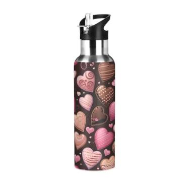 Imagem de Wassud Garrafa de água de chocolate padrão em forma de coração garrafa de água esportiva de aço inoxidável com canudo garrafas de água isoladas copo portátil de viagem 947 ml