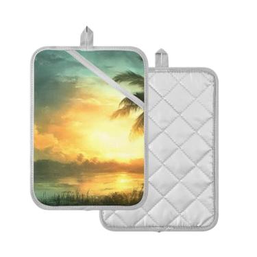 Imagem de WELLDAY Suportes de panela – 2 unidades de almofadas quentes resistentes ao calor para cozinha, paisagem ao anoitecer, conjunto de luvas de cozinha