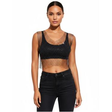 Imagem de Cropped Top Tela Arrastão com Brilho em Strass - OCASO, Preto