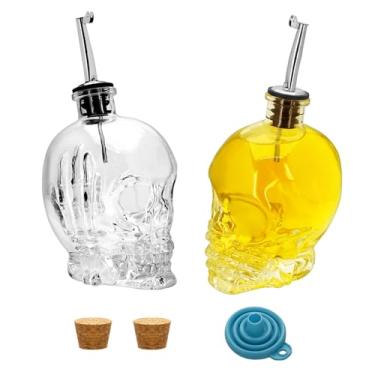 Imagem de REUJIHXY Conjunto de 2 dispensadores de óleo de crânio de 382.7 g e dispensador de vinagre, garrafa de óleo, garrafa de óleo de vidro, conjunto de galheteiro de vinagre de óleo com funil de bico de