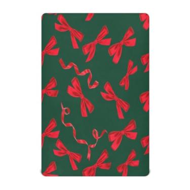 Imagem de Qilmy Lençóis de berço de Natal Red Bows, de microfibra macia, respirável, elástico, lençol com elástico para meninos e meninas, mini berço 99 x 68 cm, capa de colchão infantil portátil