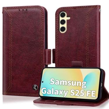 Imagem de Oduio Capa carteira para Samsung Galaxy S25 FE com suporte para cartão de bloqueio RIFD, capa protetora de couro PU flip com suporte para negócios de 6,7 polegadas 2025, vinho tinto