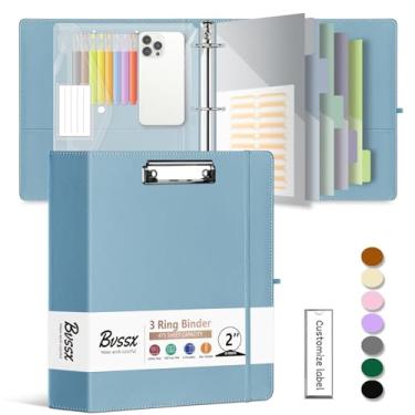 Imagem de Organizador de fichário de couro com 3 anéis de 5 cm, fichário BVSSX de três anéis com prancheta, pasta de plástico, divisórias de bolso de 5 abas com etiquetas adesivas, alça para caneta, alça