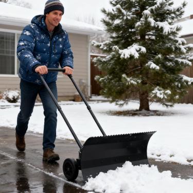 Imagem de Pá de neve resistente com rodas, pá de neve de uso duplo de 63 cm para entrada de garagem, lâmina ajustável em ângulo e alça pá de empurrador de neve, remoção de neve eficiente para entrada de garagem