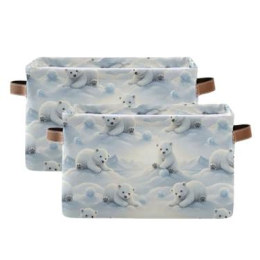 Imagem de Cestas de armazenamento dobráveis de lona – caixas de armário de tecido impermeável de 36 cm com alças para prateleiras, urso polar branco, neve, pacote com 2