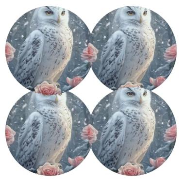 Imagem de Conjunto de 4 tapetes de mesa de coruja e rosa de neve, à prova de calor, para cozinha, mesa de jantar, 38 cm, jogo americano redondo de PVC
