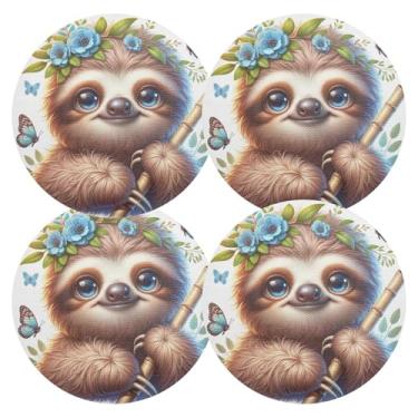 Imagem de Jogo americano bonito círculo azul preguiça conjunto de 4 tapetes redondos de PVC 38 cm para mesa de cozinha resistente ao calor para festa de Natal