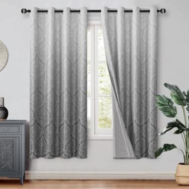 Imagem de DWCN Cortinas blecaute cinza 100% para quarto de 153 cm de comprimento - Cortinas com ilhós com isolamento térmico ombré de camada dupla com padrão damasco para sala de estar, cortina de janela