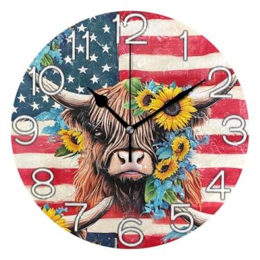 Imagem de GAIGEO Relógio de parede analógico decorativo moderno movido a bateria relógio de cozinha fofo, decoração de parede art déco retrô moderna bandeira americana de vaca highland, 25 cm, ponteiros