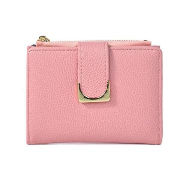 Imagem de Carteira feminina de couro genuíno com dobra dupla/tripla - Suporte minimalista para cartão de crédito com bloqueio de RFID e bolso para moedas, rosa, Casual