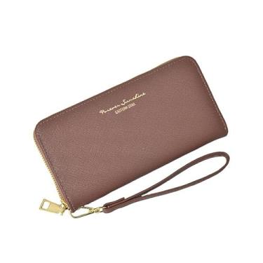 Imagem de Carteira feminina de couro genuíno com dobra dupla/tripla - Suporte minimalista para cartão de crédito com bloqueio de RFID e bolso para moedas, Camelo, Casual