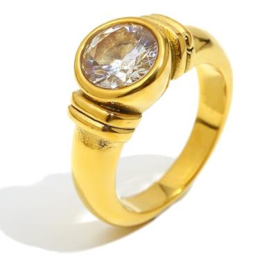 Imagem de Kokoma Anel redondo de zircônia cúbica para mulheres, círculo geométrico, anel de zircônia cúbica, anéis de aço inoxidável, noivado, noivado, joias modernas, Aço inoxidável, Sem pedra preciosa