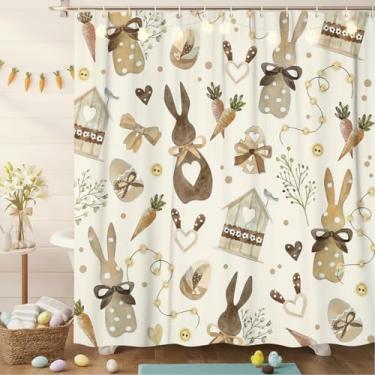 Imagem de Grtuspr Cortina de chuveiro Happy Easter com estampa de coelho, cenoura, ovo, pássaro, padrão de casa de banho, impermeável, durável, conjunto de cortinas de chuveiro com 12 ganchos para presente de