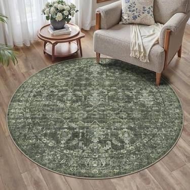 Imagem de Tapetes redondos laváveis de 1,2 m para sala de estar, vintage boho grande para quarto, sala de jantar, escritório, tapete com estampa floral envelhecida para embaixo da mesa, tapete macio