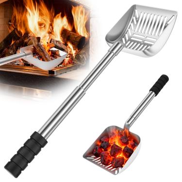 Imagem de Pá de lareira vazada, pá de peneira de cinzas de 40 a 51 cm, cabeça de pá larga e profunda resistente ao calor com alça ajustável, colher de carvão de metal, ferramentas de lareira para fogão a lenha