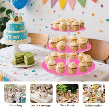 Imagem de Suporte de cupcake de 3 camadas, para chá e festa, copo de acrílico, torre de bolo, mesa, suporte de sobremesa, decoração de festa de chá, chá de bebê, rosa choque, fofo