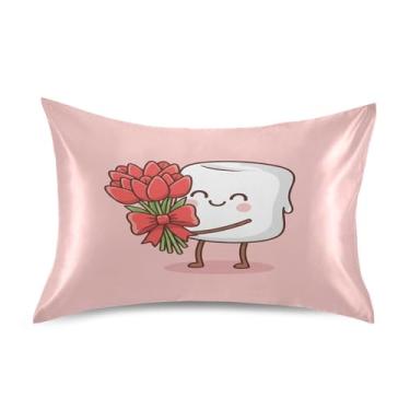 Imagem de Blueangle Fronha de cetim refrescante para cabelo e pele, capa de travesseiro de personagem de marshmallow dos namorados, tamanho Queen 51 x 76 cm com fecho de envelope (839)