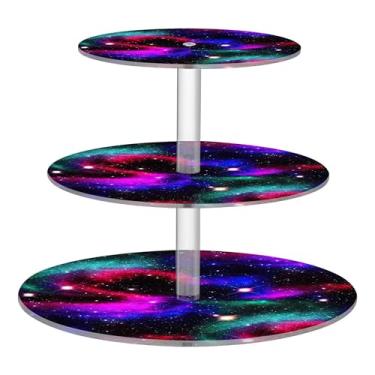 Imagem de Galáxia cores vibrantes estrelas chá festa cupcake suporte 3 camadas acrílico copo bolo decoração mesa decoração sobremesa chá festa servir comida prateleiras casamento