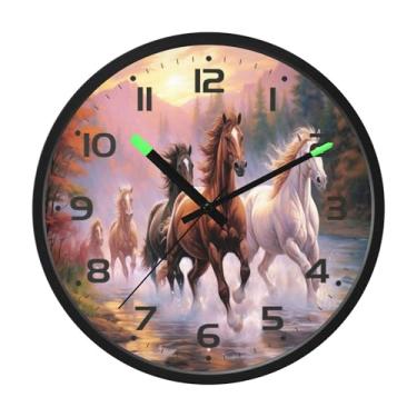 Imagem de SEHANY Relógio de parede artístico majestoso cavalos silencioso, sem tique-taque, relógio redondo operado por bateria, controle de som, luz noturna, relógios de parede para sala de estar, cozinha