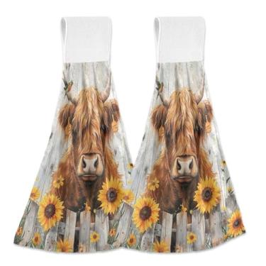Imagem de Joitme Toalhas de mão suspensas de girassol Highland Cow Fence com laço, pacote com 2, panos de prato decorativos de lã coral macio absorvente para cozinha e banheiro