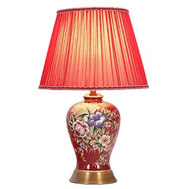 Imagem de Abajur de mesa de cerâmica com pintura de flores e pássaros, vermelho, para quarto, luminária de cabeceira, grande, estilo oriental, artesanal, para escritório, luz noturna ou de leitura.