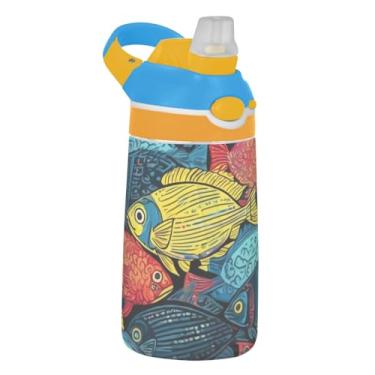 Imagem de Garrafa de água infantil Tritan Sports de 473 ml com tampa de palha, garrafa de água à prova de vazamento de 473 ml, copo infantil portátil reutilizável, alça de transporte, peixe colorido chique