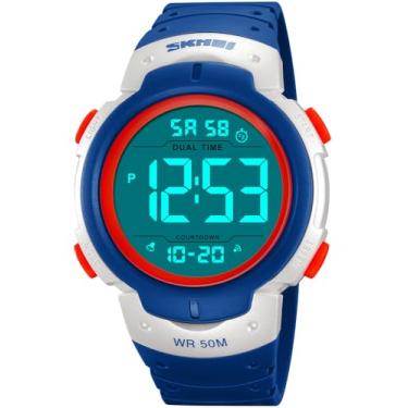 Imagem de PASOY Relógio digital masculino feminino grande luz LED natação impermeável pulseira de borracha alarme preto LED relógios 50 mm, Azul colorido A, Esportivo