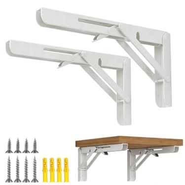 Imagem de 2 peças de suportes de prateleira dobráveis, suportes de parede resistentes dobráveis para banco de mesa, dobradiças de mesa de parede DIY com parafusos, economia de espaço, carga máxima de 150 kg