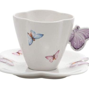 Imagem de Conjunto 6 Xícara Chá Porcelana Pires Borboletas 200Ml Wollf