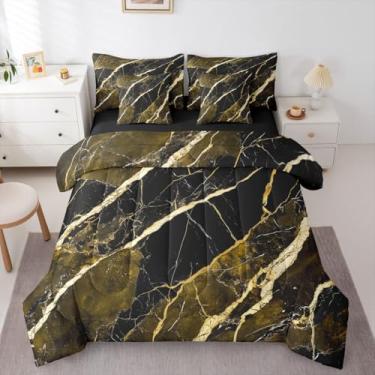 Imagem de Erosebridal Jogo de cama casal de mármore preto amarelo dourado com rachaduras, 7 peças, moderno, abstrato, preto, textura, metálica, arte e lençol de cima