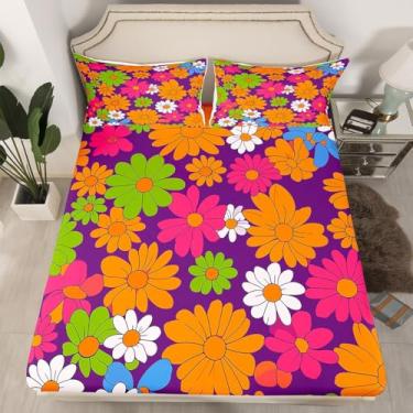 Imagem de Jogo de lençol casal colorido vintage floral com flores descoladas hippie 60 anos 70 anos com flores psicodélicas botânicas psicodélicas, 2 fronhas, decoração de quarto