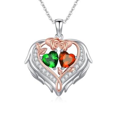 Imagem de WYDDO Colar de coração com asas de anjo para mulheres, pedra do mês de nascimento duplo, pingente de flor de rosa, presente ideal para aniversário, Natal, presente para esposa, mãe, namorada, filha