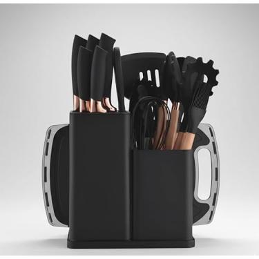 Imagem de Utensilios para Cozinha Silicone Kit com 19 Peças Cabo Madeira Conjunto Completo Espátula Concha Colher Jogo Suporte Faca Antiaderente Tabua Tesoura Faqueiro (PRETO)