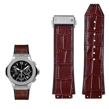 Imagem de MURVE Pulseira masculina de couro genuíno para Hublot Big Bang Series Pulseira de couro bovino com acessórios de ferramentas, preto e marrom 26 x 19 mm (marrom-prata)