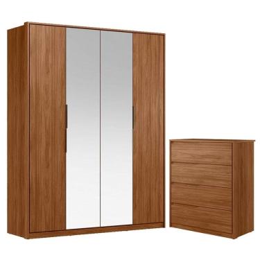 Imagem de Cômoda Atria 4 Gavetas e Guarda Roupa Casal Attore Nogueira Touch com Espelho Demóbile - Demartêz