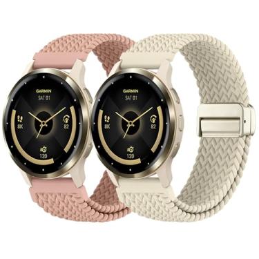 Imagem de Pulseira de relógio trançada magnética de 18 mm, compatível com Garmin Vivoactive 4S/Venu 4 (41 mm)/Venu 3S/ 2S/ Forerunner 255S/265S, pulseira de nylon elástica ajustável de liberação rápida para