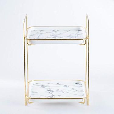 Imagem de Suportes de bolo duráveis banhados a ouro festa de casamento suporte de bolo exibição de cerâmica marmorizada suporte de sobremesa bandeja de bolo de prato de frutas portátil de camada dupla (cor