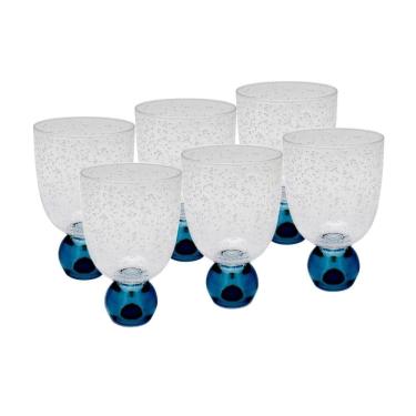 Imagem de Cj 6 Copos Baixos de Acrílico C/Detalhes Bolhas Transparente e Base de Esfera Azul 360ml Entrecasa