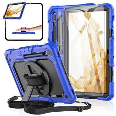 Imagem de BASE MALL Capa para tablet Samsung Galaxy Tab S8/S7 11 polegadas 5G 2022/2020 [com protetor de tela de vidro temperado], suporte giratório de 360°/alça de mão e ombro/suporte para caneta S (azul)