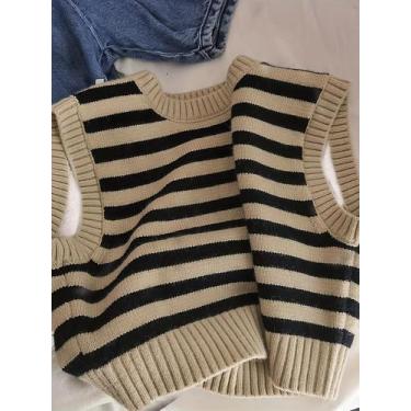 Imagem de Colete jacquard listrado infantil popular coreano suéter de malha cole