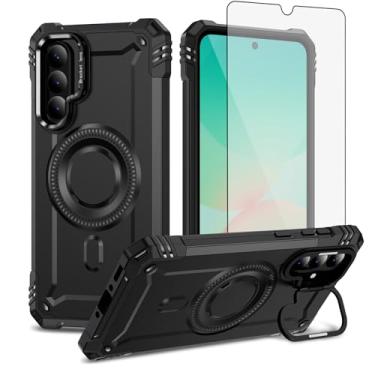 Imagem de Furiet Capa de celular para Samsung Galaxy A56 5G e protetor de tela de vidro temperado protetor de tela rígido de duas camadas Defender carregamento sem fio Magsafe Kickstand à prova de choque macio