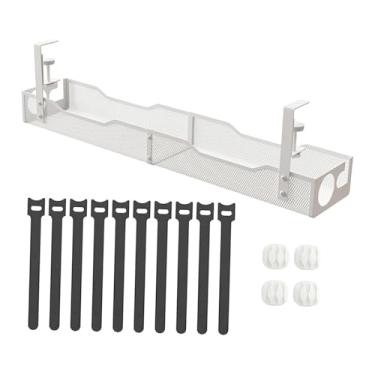 Imagem de predolo Bandeja organizadora de cabos para uso embaixo da mesa, suporte para gerenciamento de fios, organizador de cabos para computador com 2 furos para uso, Branco