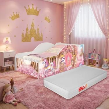 Imagem de Cama Carro Infantil Montessoriana Princesas Com Grade De Proteção Lateral Berço Moderno Castelo Quarto Da Criança Para Meninas Com Colchão