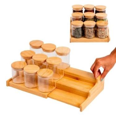 Imagem de Kit Potes Herméticos de Vidro 250ml com Tampa de Bambu – Mantimentos, Temperos e Rack Opcional(RACK ORGANIZADOR RETRÁTIL)