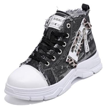 Imagem de WELRUNG Tênis feminino de lona com plataforma casual com sola elevada e cano alto, 2560 preto, 40