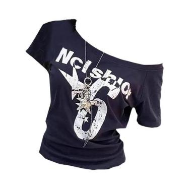 Imagem de Camiseta Feminina Y2K off Shoulder Com Estampa De Letras Vintage Casua