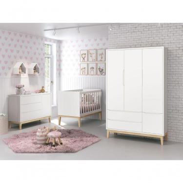 Imagem de Jogo De Quarto Para Bebê Completo 3 Portas Classic New Branco Fosco Com Natural - Moveisaqui